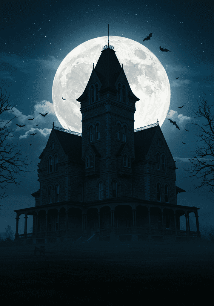 Haunted Victorian mansion illustration for Halloween, glowing under a full moon with bats flying across the sky