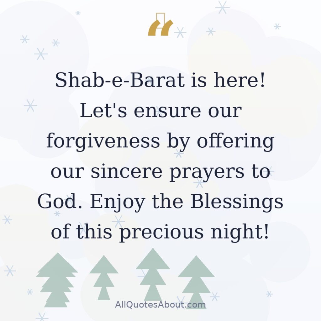 Shab-e-Barat is here! Let's ensure our forgiveness by offering our sincere prayers to God. Enjoy the Blessings of this precious night! quote card