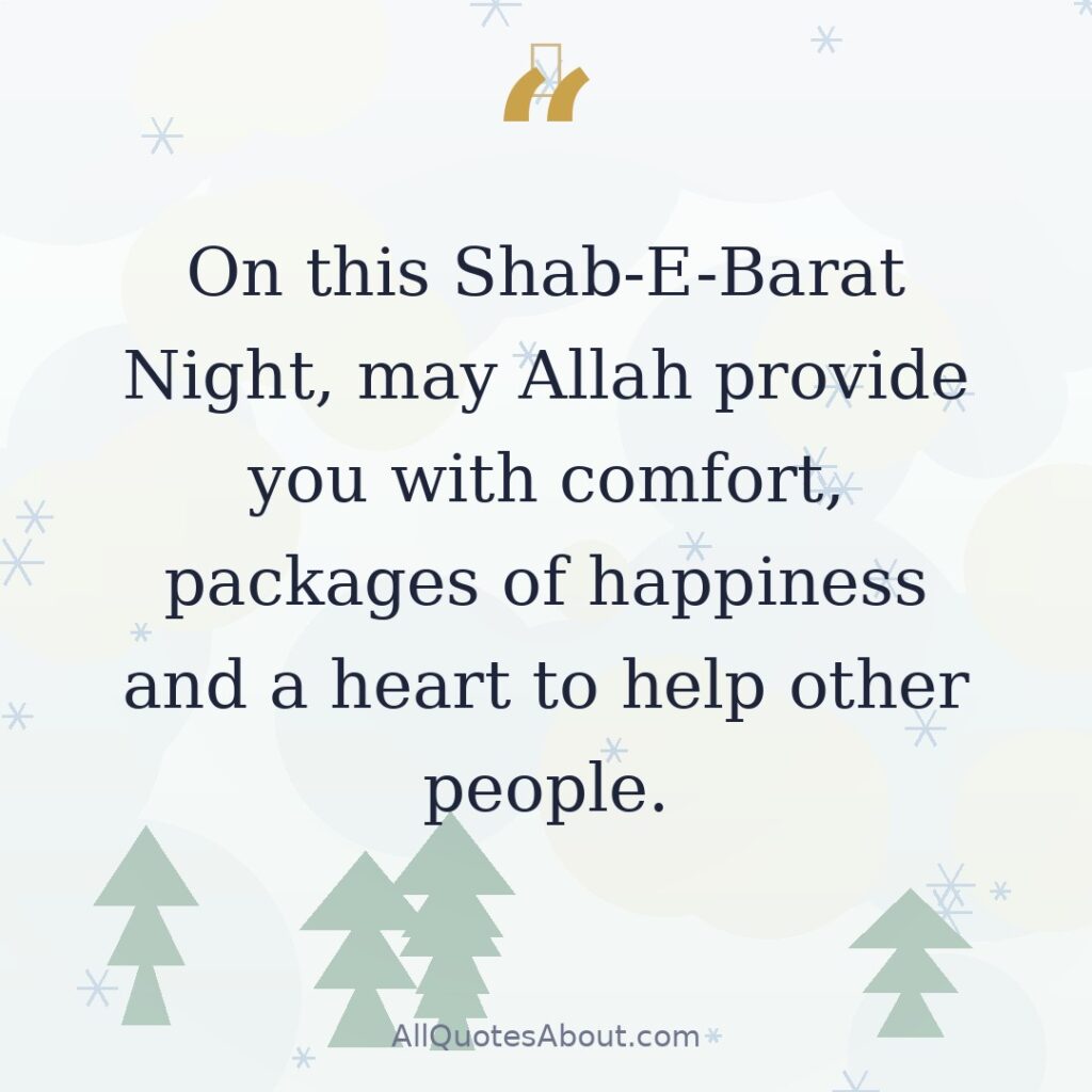 On this Shab-E-Barat Night, may Allah provide you with comfort, packages of happiness and a heart to help other people. quote card