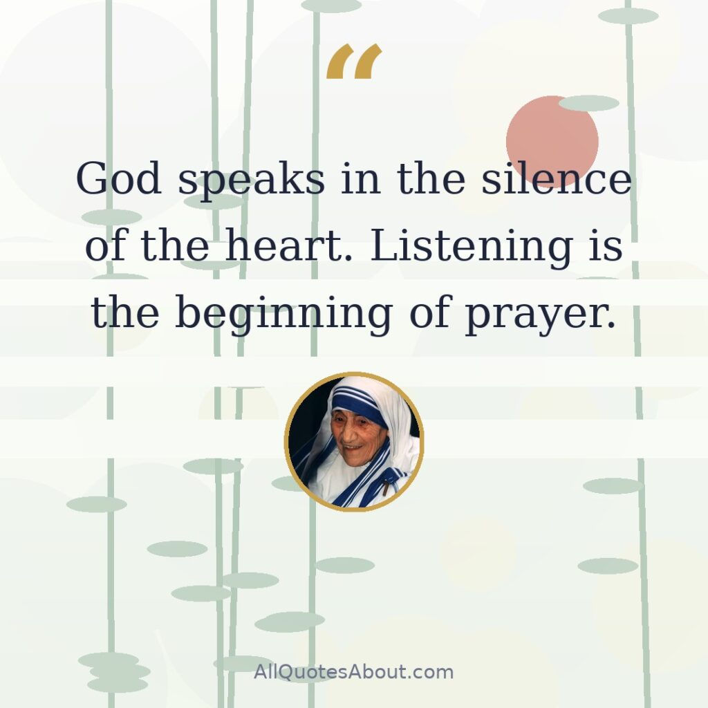 God speaks in the silence of the heart. Listening is the beginning of prayer. quote card