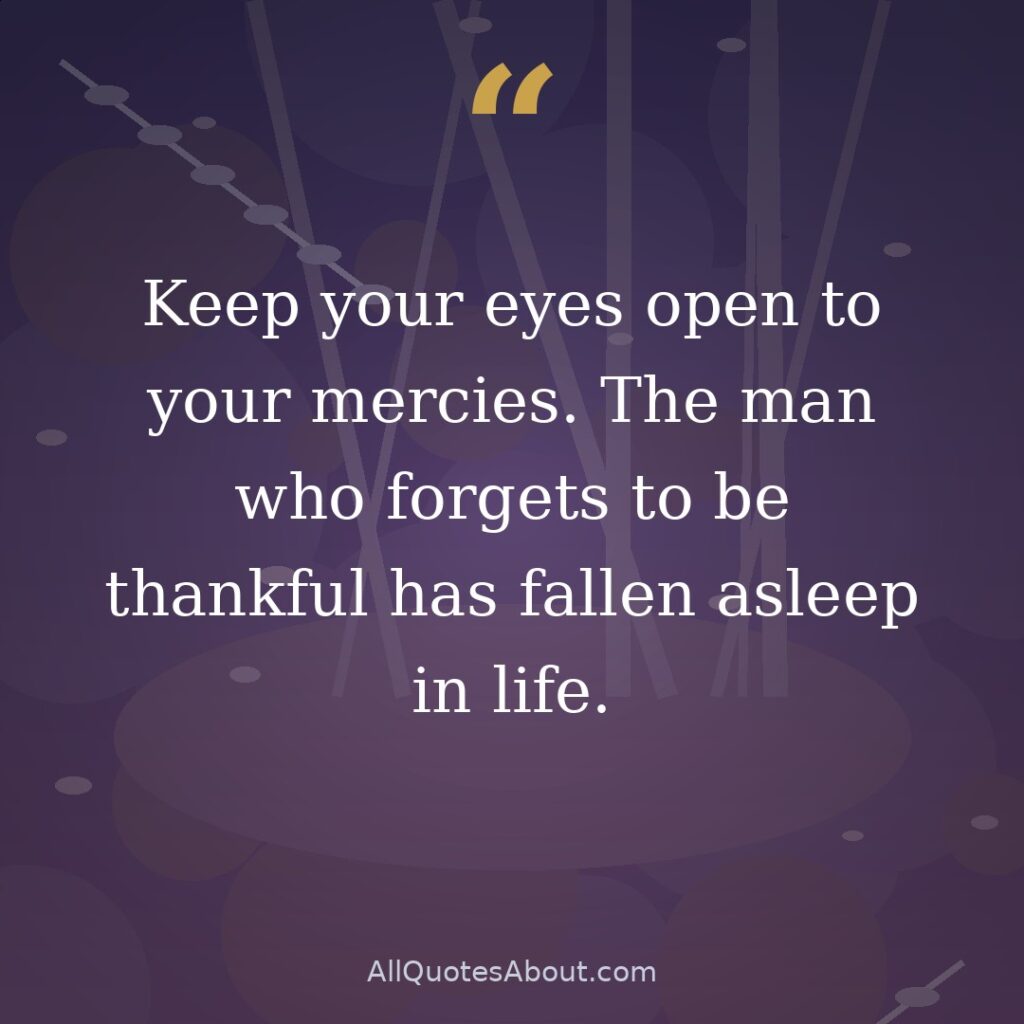 Keep your eyes open to your mercies. The man who forgets to be thankful has fallen asleep in life. quote card